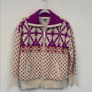 T by Talbots Purple and Red Patterned Zip-Up Sweater